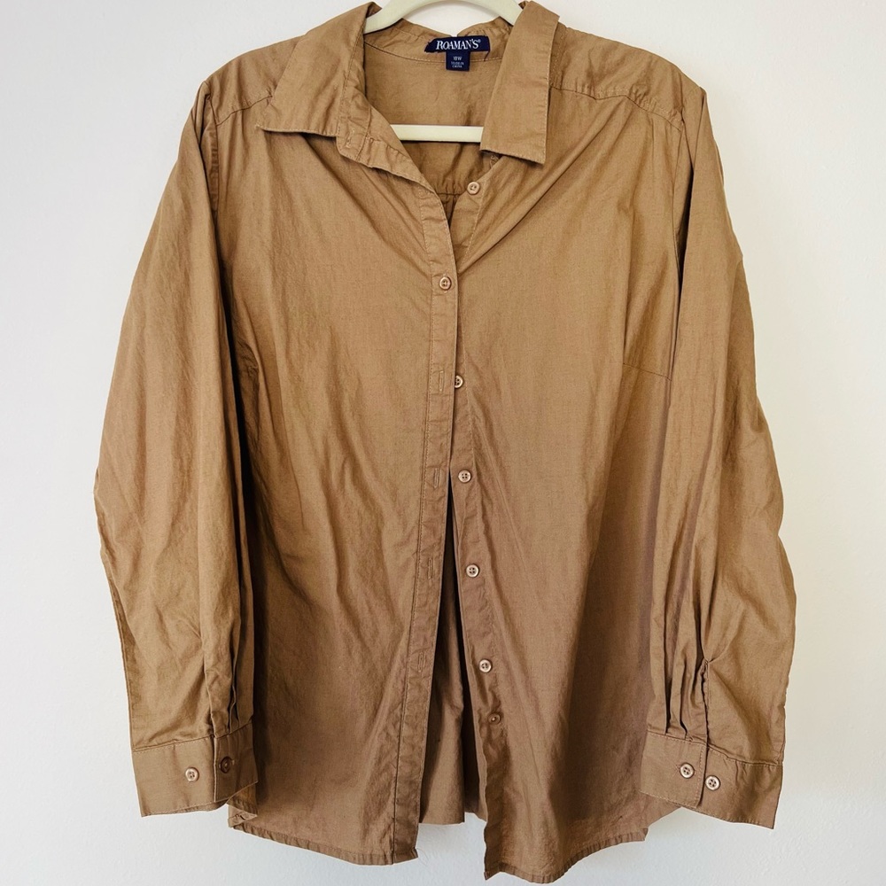 Roaman’s poplin tan 100% cotton button down shirt - Picture 4 of 7